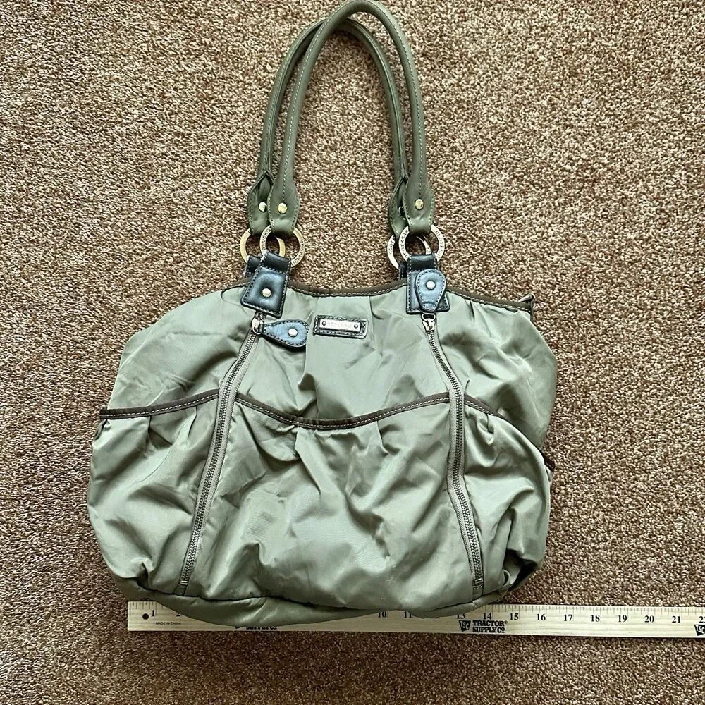 STORKSAK Baby Diaper Bag Tan Multiple Pockets Zip Up Adj Strap Gender Neutral